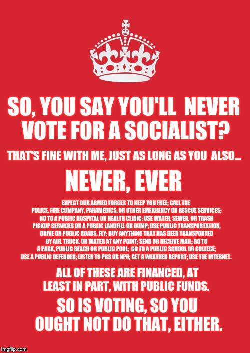 Keep Calm And Carry On Red | SO, YOU SAY YOU'LL  NEVER VOTE FOR A SOCIALIST? THAT'S FINE WITH ME, JUST AS LONG AS YOU  ALSO... NEVER, EVER; EXPECT OUR ARMED FORCES TO KEEP YOU FREE; CALL THE POLICE, FIRE COMPANY, PARAMEDICS, OR OTHER EMERGENCY OR RESCUE SERVICES; GO TO A PUBLIC HOSPITAL OR HEALTH CLINIC; USE WATER, SEWER, OR TRASH PICKUP SERVICES OR A PUBLIC LANDFILL OR DUMP; USE PUBLIC TRANSPORTATION, DRIVE ON PUBLIC ROADS, FLY; BUY ANYTHING THAT HAS BEEN TRANSPORTED BY AIR, TRUCK, OR WATER AT ANY POINT; SEND OR RECEIVE MAIL; GO TO A PARK, PUBLIC BEACH OR PUBLIC POOL;  GO TO A PUBLIC SCHOOL OR COLLEGE; USE A PUBLIC DEFENDER; LISTEN TO PBS OR NPR; GET A WEATHER REPORT; USE THE INTERNET. ALL OF THESE ARE FINANCED, AT LEAST IN PART, WITH PUBLIC FUNDS. SO IS VOTING, SO YOU OUGHT NOT DO THAT, EITHER. | image tagged in memes,keep calm and carry on red | made w/ Imgflip meme maker