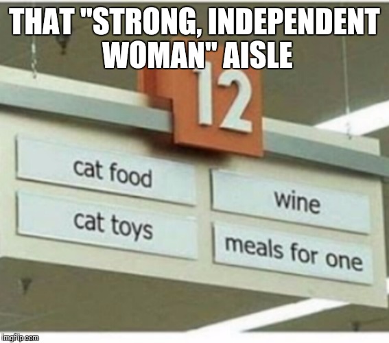 Strong independent woman aisle | THAT "STRONG, INDEPENDENT WOMAN" AISLE | image tagged in memes,cat,woman,independant | made w/ Imgflip meme maker