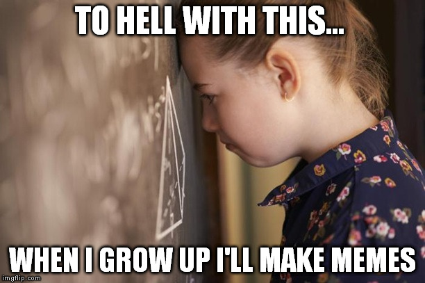 I'll just meme | TO HELL WITH THIS... WHEN I GROW UP I'LL MAKE MEMES | image tagged in girl | made w/ Imgflip meme maker