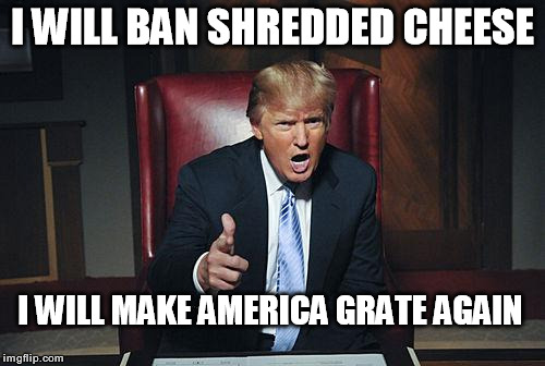 President Trump | I WILL BAN SHREDDED CHEESE; I WILL MAKE AMERICA GRATE AGAIN | image tagged in donald trump you're fired,donald trump,trump,cheese | made w/ Imgflip meme maker