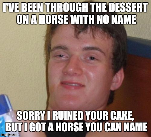 My bad broh | I'VE BEEN THROUGH THE DESSERT ON A HORSE WITH NO NAME; SORRY I RUINED YOUR CAKE, BUT I GOT A HORSE YOU CAN NAME | image tagged in memes,10 guy,dessert,america,cake,horse | made w/ Imgflip meme maker