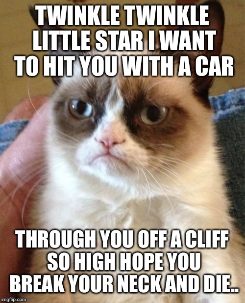 Grumpy Cat | TWINKLE TWINKLE LITTLE STAR
I WANT TO HIT YOU WITH A CAR; THROUGH YOU OFF A CLIFF SO HIGH
HOPE YOU BREAK YOUR NECK AND DIE.. | image tagged in memes,grumpy cat | made w/ Imgflip meme maker
