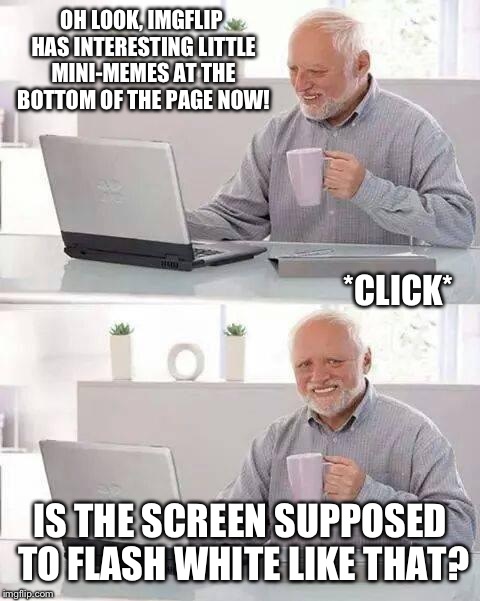 Harold hasn't been on imgflip in a while; And he hasn't been on the internet too long either | OH LOOK, IMGFLIP HAS INTERESTING LITTLE MINI-MEMES AT THE BOTTOM OF THE PAGE NOW! *CLICK*; IS THE SCREEN SUPPOSED TO FLASH WHITE LIKE THAT? | image tagged in memes,hide the pain harold | made w/ Imgflip meme maker