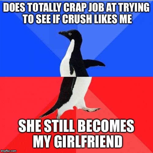 This happened to me VERY recently | DOES TOTALLY CRAP JOB AT TRYING TO SEE IF CRUSH LIKES ME; SHE STILL BECOMES MY GIRLFRIEND | image tagged in memes,socially awkward awesome penguin | made w/ Imgflip meme maker