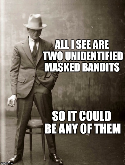 Government Agent Man | ALL I SEE ARE TWO UNIDENTIFIED MASKED BANDITS SO IT COULD BE ANY OF THEM | image tagged in government agent man | made w/ Imgflip meme maker