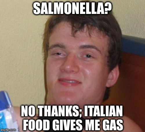10 Guy Meme | SALMONELLA? NO THANKS; ITALIAN FOOD GIVES ME GAS | image tagged in memes,10 guy | made w/ Imgflip meme maker