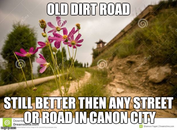Dirt road beauty | OLD DIRT ROAD; STILL BETTER THEN ANY STREET OR ROAD IN CANON CITY | image tagged in dirt road beauty | made w/ Imgflip meme maker