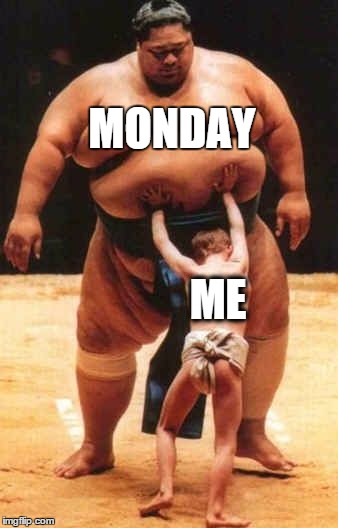 How I feel at the beginning of my work week... | MONDAY; ME | image tagged in sumo,mondays,me,work | made w/ Imgflip meme maker