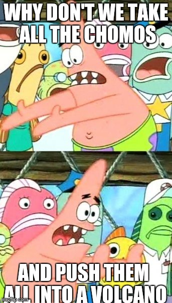 Put It Somewhere Else Patrick Meme | WHY DON'T WE TAKE ALL THE CHOMOS; AND PUSH THEM ALL INTO A VOLCANO | image tagged in memes,put it somewhere else patrick | made w/ Imgflip meme maker