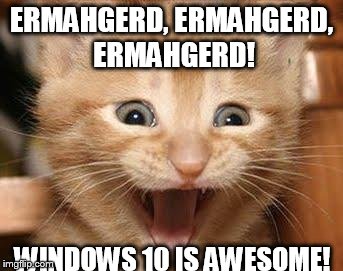 Excited Cat Meme | ERMAHGERD, ERMAHGERD, ERMAHGERD! WINDOWS 10 IS AWESOME! | image tagged in memes,excited cat | made w/ Imgflip meme maker