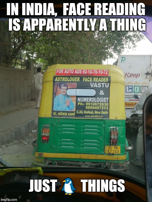 IN INDIA,  FACE READING IS APPARENTLY A THING; JUST 🐧 THINGS | image tagged in face reader | made w/ Imgflip meme maker