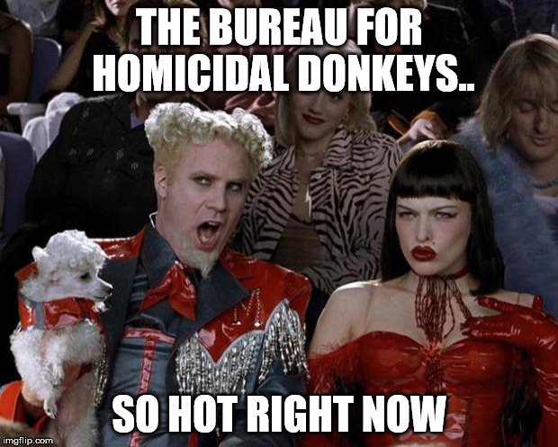 Mugatu So Hot Right Now Meme | THE BUREAU FOR HOMICIDAL DONKEYS.. SO HOT RIGHT NOW | image tagged in memes,mugatu so hot right now | made w/ Imgflip meme maker