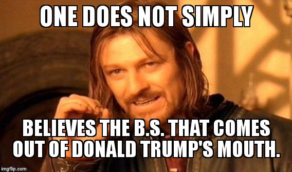 One Does Not Simply Meme | ONE DOES NOT SIMPLY; BELIEVES THE B.S. THAT COMES OUT OF DONALD TRUMP'S MOUTH. | image tagged in memes,one does not simply | made w/ Imgflip meme maker