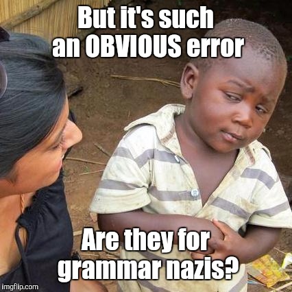 Third World Skeptical Kid Meme | But it's such an OBVIOUS error Are they for grammar nazis? | image tagged in memes,third world skeptical kid | made w/ Imgflip meme maker