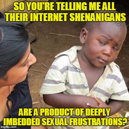 Third World Skeptical Kid Meme | SO YOU'RE TELLING ME ALL THEIR INTERNET SHENANIGANS ARE A PRODUCT OF DEEPLY IMBEDDED SEXUAL FRUSTRATIONS? | image tagged in memes,third world skeptical kid | made w/ Imgflip meme maker