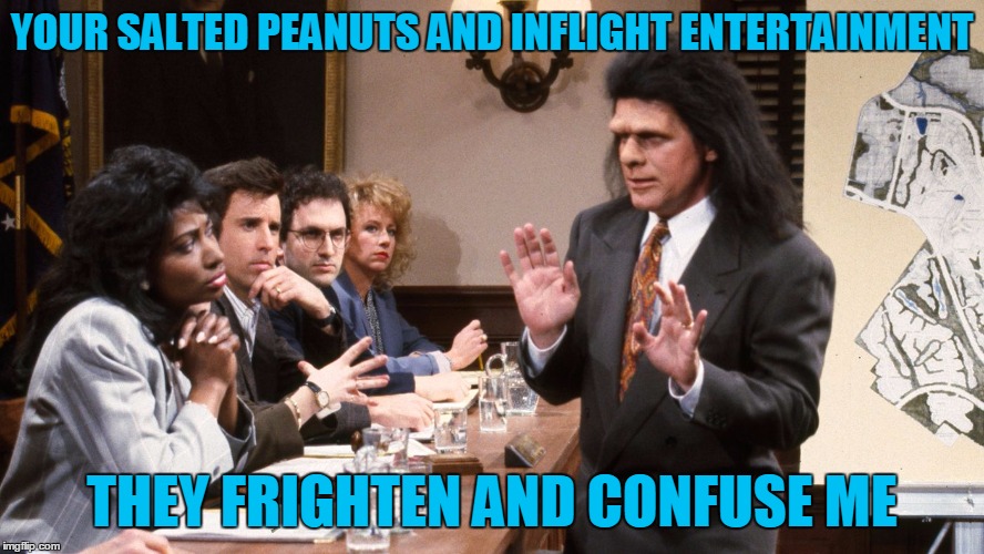 YOUR SALTED PEANUTS AND INFLIGHT ENTERTAINMENT THEY FRIGHTEN AND CONFUSE ME | made w/ Imgflip meme maker