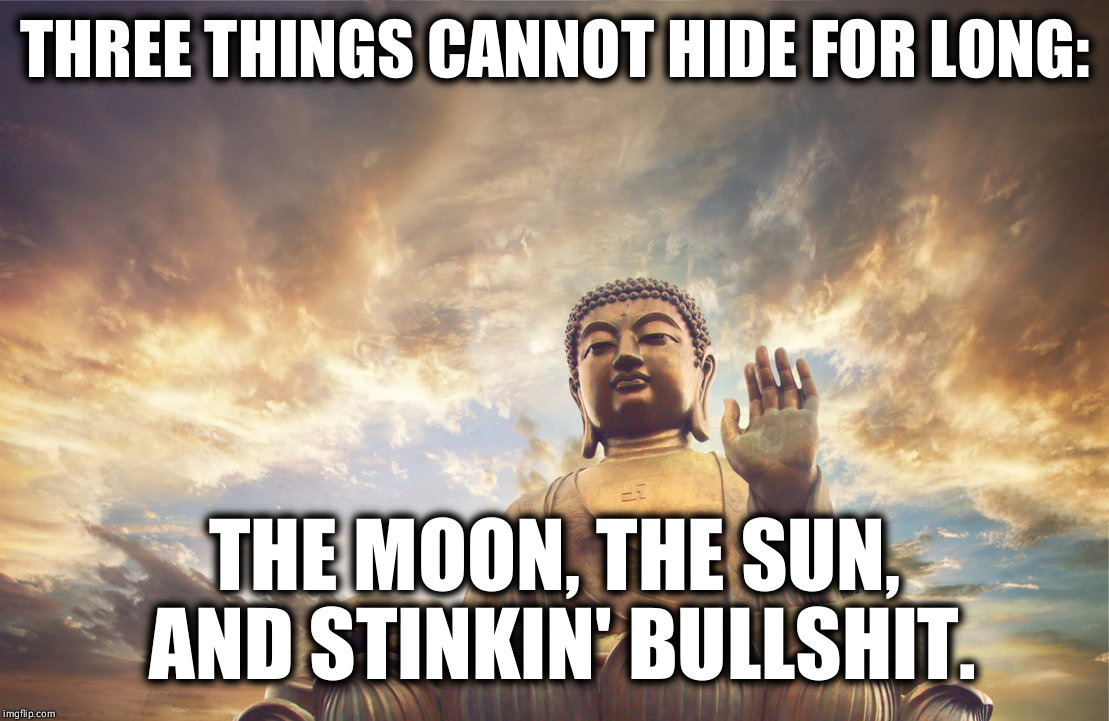 Buddha in The Sky Three Things Cannot Hide | THREE THINGS CANNOT HIDE FOR LONG:; THE MOON, THE SUN, AND STINKIN' BULLSHIT. | image tagged in buddha in the sky three things cannot hide | made w/ Imgflip meme maker