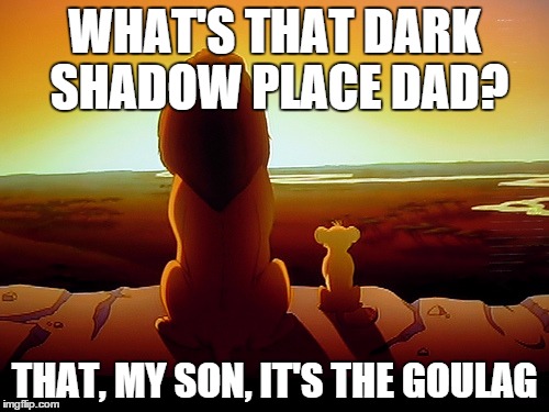 Lion King Meme | WHAT'S THAT DARK SHADOW PLACE DAD? THAT, MY SON, IT'S THE GOULAG | image tagged in memes,lion king | made w/ Imgflip meme maker