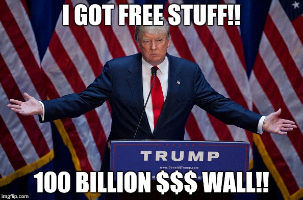 Donald Trump | I GOT FREE STUFF!! 100 BILLION $$$ WALL!! | image tagged in donald trump | made w/ Imgflip meme maker