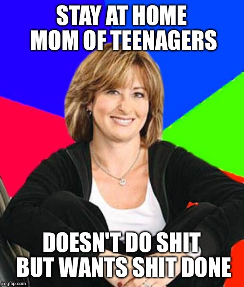 Sheltering Suburban Mom | STAY AT HOME MOM OF TEENAGERS; DOESN'T DO SHIT BUT WANTS SHIT DONE | image tagged in memes,sheltering suburban mom | made w/ Imgflip meme maker