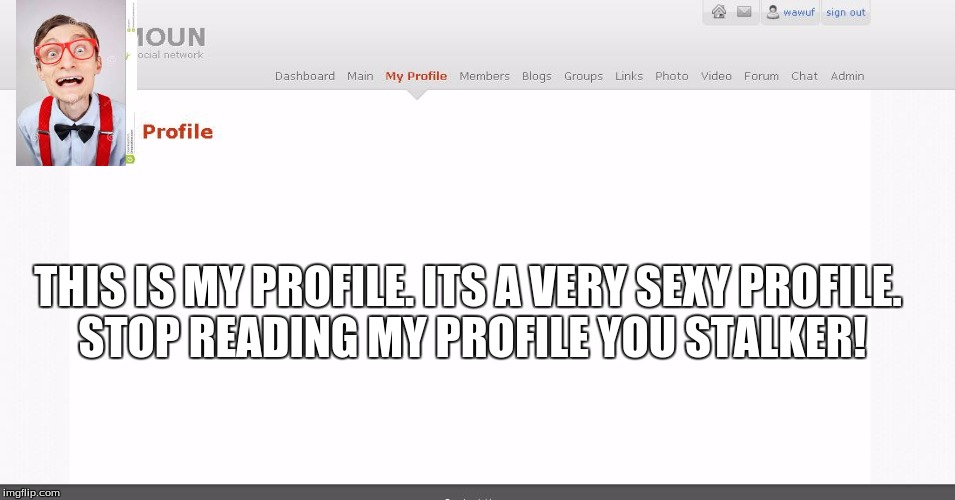 THIS IS MY PROFILE. ITS A VERY SEXY PROFILE. STOP READING MY PROFILE YOU STALKER! | image tagged in this is my profile page | made w/ Imgflip meme maker
