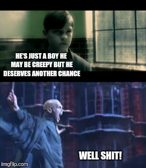 HE'S JUST A BOY HE MAY BE CREEPY BUT HE DESERVES ANOTHER CHANCE; WELL SHIT! | image tagged in harry potter,voldemort,harry potter meme | made w/ Imgflip meme maker