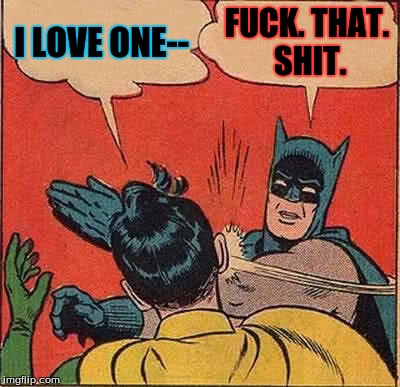 Batman Slapping Robin Meme | I LOVE ONE-- F**K. THAT. SHIT. | image tagged in memes,batman slapping robin | made w/ Imgflip meme maker