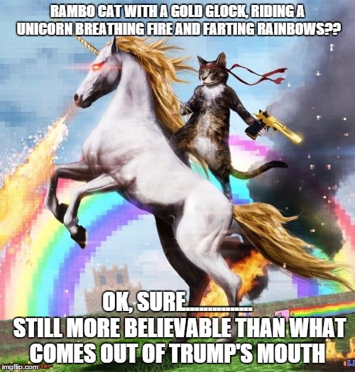 Welcome To The Internets | RAMBO CAT WITH A GOLD GLOCK, RIDING A UNICORN BREATHING FIRE AND FARTING RAINBOWS?? OK, SURE............... STILL MORE BELIEVABLE THAN WHAT COMES OUT OF TRUMP'S MOUTH | image tagged in memes,welcome to the internets | made w/ Imgflip meme maker