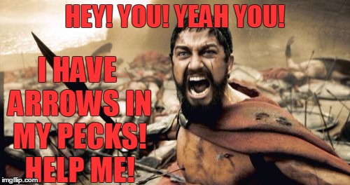 Sparta Leonidas | I HAVE ARROWS IN MY PECKS! HELP ME! HEY! YOU! YEAH YOU! | image tagged in memes,sparta leonidas | made w/ Imgflip meme maker