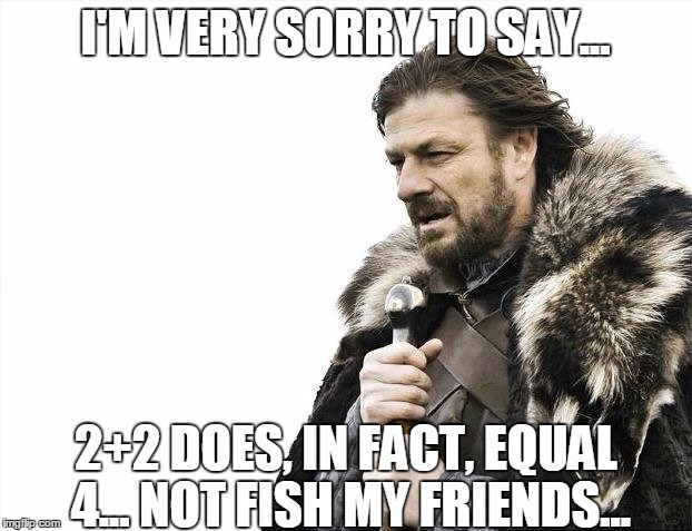 Brace Yourselves X is Coming | I'M VERY SORRY TO SAY... 2+2 DOES, IN FACT, EQUAL 4... NOT FISH MY FRIENDS... | image tagged in memes,brace yourselves x is coming | made w/ Imgflip meme maker