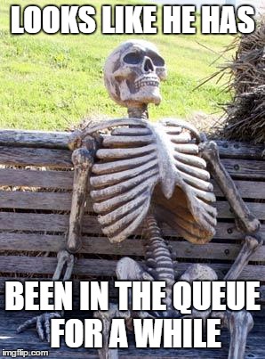 Waiting Skeleton | LOOKS LIKE HE HAS; BEEN IN THE QUEUE FOR A WHILE | image tagged in memes,waiting skeleton | made w/ Imgflip meme maker