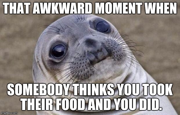 Awkward Moment Sealion | THAT AWKWARD MOMENT WHEN; SOMEBODY THINKS YOU TOOK THEIR FOOD AND YOU DID. | image tagged in memes,awkward moment sealion | made w/ Imgflip meme maker