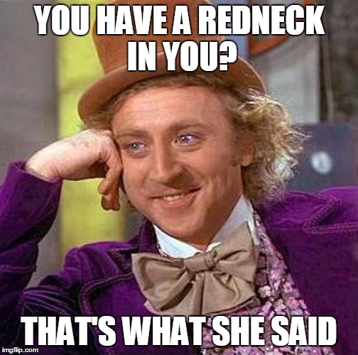 Creepy Condescending Wonka Meme | YOU HAVE A REDNECK IN YOU? THAT'S WHAT SHE SAID | image tagged in memes,creepy condescending wonka | made w/ Imgflip meme maker