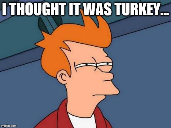 I THOUGHT IT WAS TURKEY... | image tagged in memes,futurama fry | made w/ Imgflip meme maker