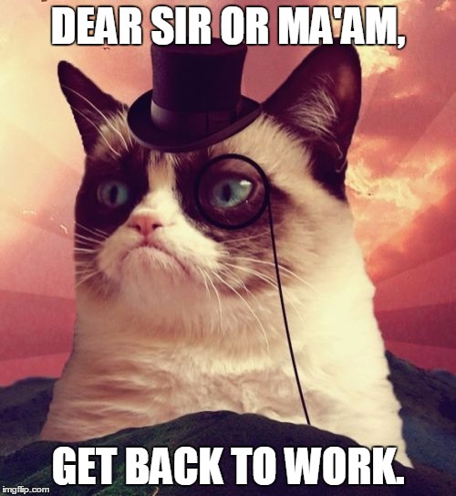 Grumpy Cat Top Hat | DEAR SIR OR MA'AM, GET BACK TO WORK. | image tagged in memes,grumpy cat top hat,grumpy cat | made w/ Imgflip meme maker