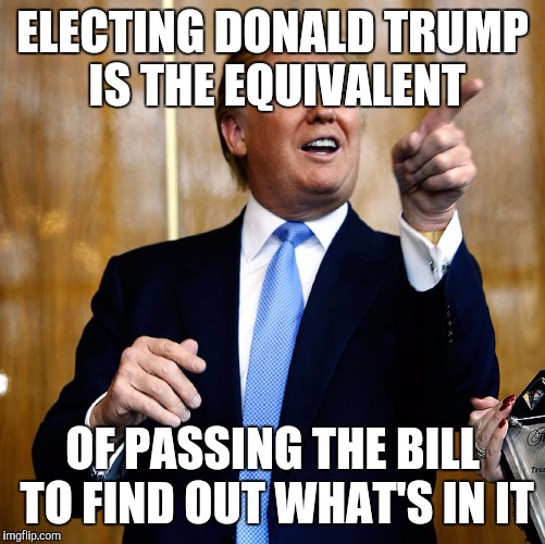 He's the ObamaCare of candidates | ELECTING DONALD TRUMP IS THE EQUIVALENT; OF PASSING THE BILL TO FIND OUT WHAT'S IN IT | image tagged in donald trump | made w/ Imgflip meme maker