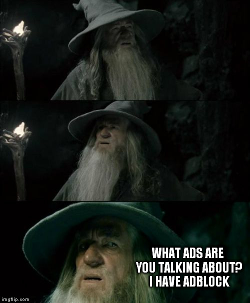 Confused Gandalf | WHAT ADS ARE YOU TALKING ABOUT? I HAVE ADBLOCK | image tagged in memes,confused gandalf | made w/ Imgflip meme maker