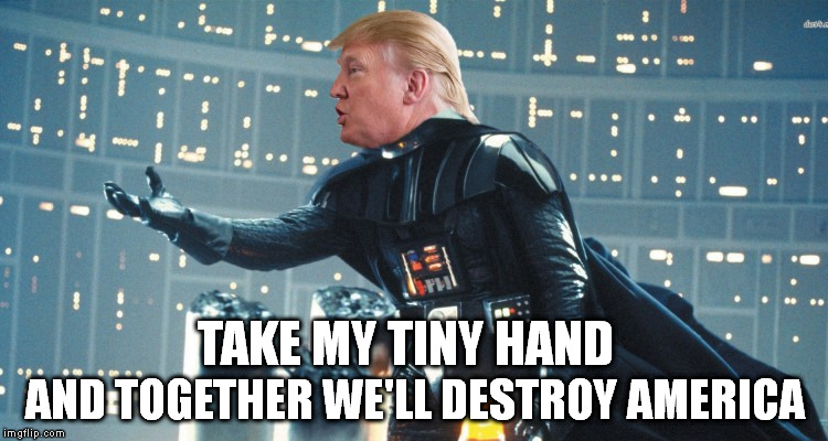 Drumpf Vader | AND TOGETHER WE'LL DESTROY AMERICA; TAKE MY TINY HAND | image tagged in donald trump,make donald drumpf again,trump,donald drumpf,drumpf | made w/ Imgflip meme maker