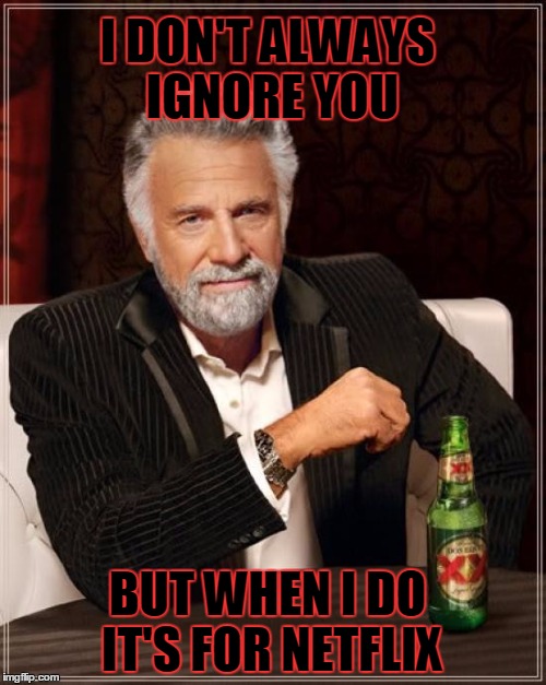 The Most Interesting Man In The World Meme | I DON'T ALWAYS IGNORE YOU; BUT WHEN I DO IT'S FOR NETFLIX | image tagged in memes,the most interesting man in the world | made w/ Imgflip meme maker