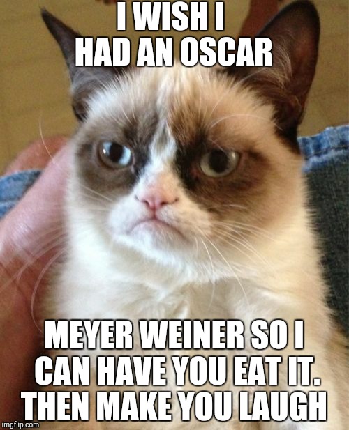 Grumpy Cat Meme | I WISH I HAD AN OSCAR; MEYER WEINER SO I CAN HAVE YOU EAT IT. THEN MAKE YOU LAUGH | image tagged in memes,grumpy cat | made w/ Imgflip meme maker