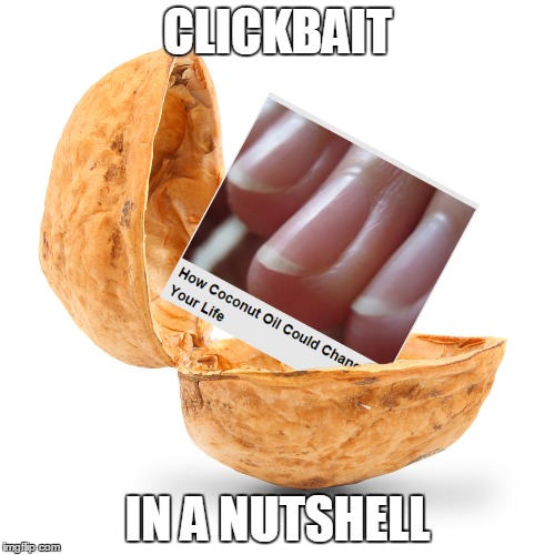 I wonder what people would respond to me finding an website link in a walnut. | CLICKBAIT; IN A NUTSHELL | image tagged in clickbait,memes,funny,funny memes,puns,bad puns | made w/ Imgflip meme maker