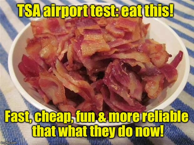 Express Lane airport check point! | TSA airport test: eat this! Fast, cheap, fun & more reliable that what they do now! | image tagged in bacon bowl,tsa,airport check | made w/ Imgflip meme maker