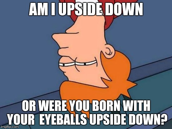 Futurama Fry | AM I UPSIDE DOWN; OR WERE YOU BORN WITH YOUR  EYEBALLS UPSIDE DOWN? | image tagged in memes,futurama fry | made w/ Imgflip meme maker