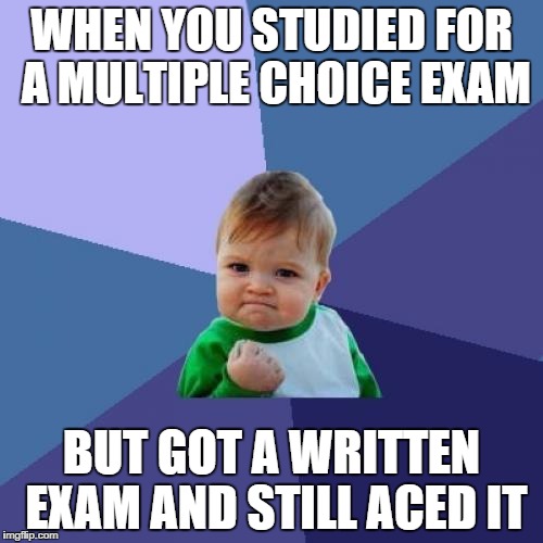 Success Kid Meme | WHEN YOU STUDIED FOR A MULTIPLE CHOICE EXAM; BUT GOT A WRITTEN EXAM AND STILL ACED IT | image tagged in memes,success kid | made w/ Imgflip meme maker