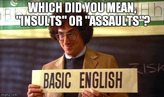 WHICH DID YOU MEAN, "INSULTS" OR "ASSAULTS"? | made w/ Imgflip meme maker