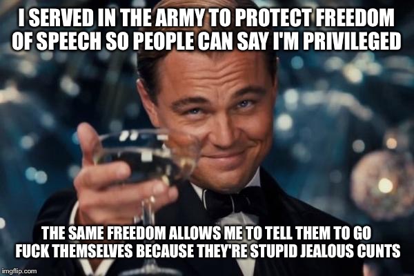 Leonardo Dicaprio Cheers Meme | I SERVED IN THE ARMY TO PROTECT FREEDOM OF SPEECH SO PEOPLE CAN SAY I'M PRIVILEGED THE SAME FREEDOM ALLOWS ME TO TELL THEM TO GO F**K THEMSE | image tagged in memes,leonardo dicaprio cheers | made w/ Imgflip meme maker