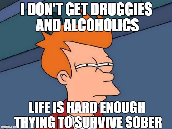 my plan is to stay sober so I can fight the zombies | I DON'T GET DRUGGIES AND ALCOHOLICS; LIFE IS HARD ENOUGH TRYING TO SURVIVE SOBER | image tagged in memes,futurama fry,life,drugs | made w/ Imgflip meme maker