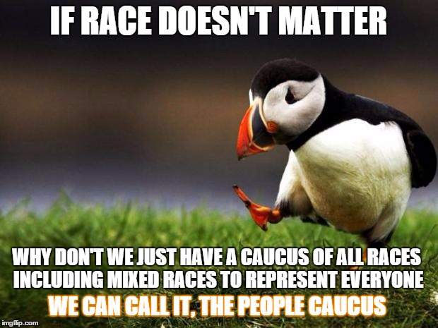 Unpopular Opinion Puffin | IF RACE DOESN'T MATTER; WHY DON'T WE JUST HAVE A CAUCUS OF ALL RACES INCLUDING MIXED RACES TO REPRESENT EVERYONE; WE CAN CALL IT, THE PEOPLE CAUCUS | image tagged in memes,unpopular opinion puffin | made w/ Imgflip meme maker