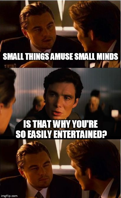 I'll just say, it's not a bad life XD | SMALL THINGS AMUSE SMALL MINDS; IS THAT WHY YOU'RE SO EASILY ENTERTAINED? | image tagged in memes,inception,sayings,small | made w/ Imgflip meme maker