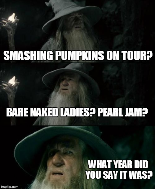 Confused Gandalf | SMASHING PUMPKINS ON TOUR? BARE NAKED LADIES? PEARL JAM? WHAT YEAR DID YOU SAY IT WAS? | image tagged in memes,confused gandalf | made w/ Imgflip meme maker